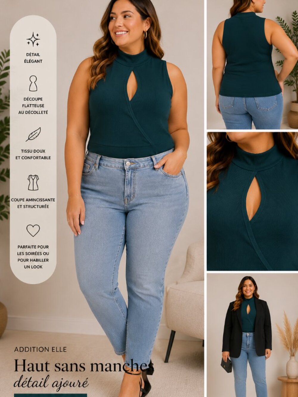 Addition Elle Sleeveless Keyhole Top – Dark Teal Mock Neck Blouse – Plus Size